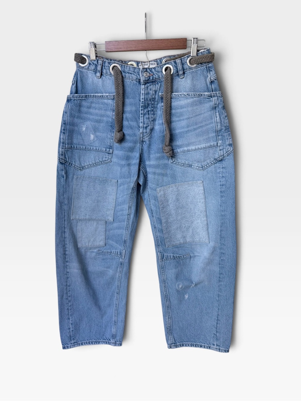 Free People Moxie Low Slung Rise Tie Waist Patchwork Jeans Truest Blue size 26